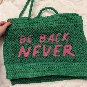 Green Crochet Tote Bag with Pink Text